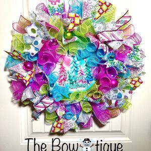 Handmade Bright Merry Christmas Holiday Ribbon Door Wreath 22 ins W54 Pink Blue